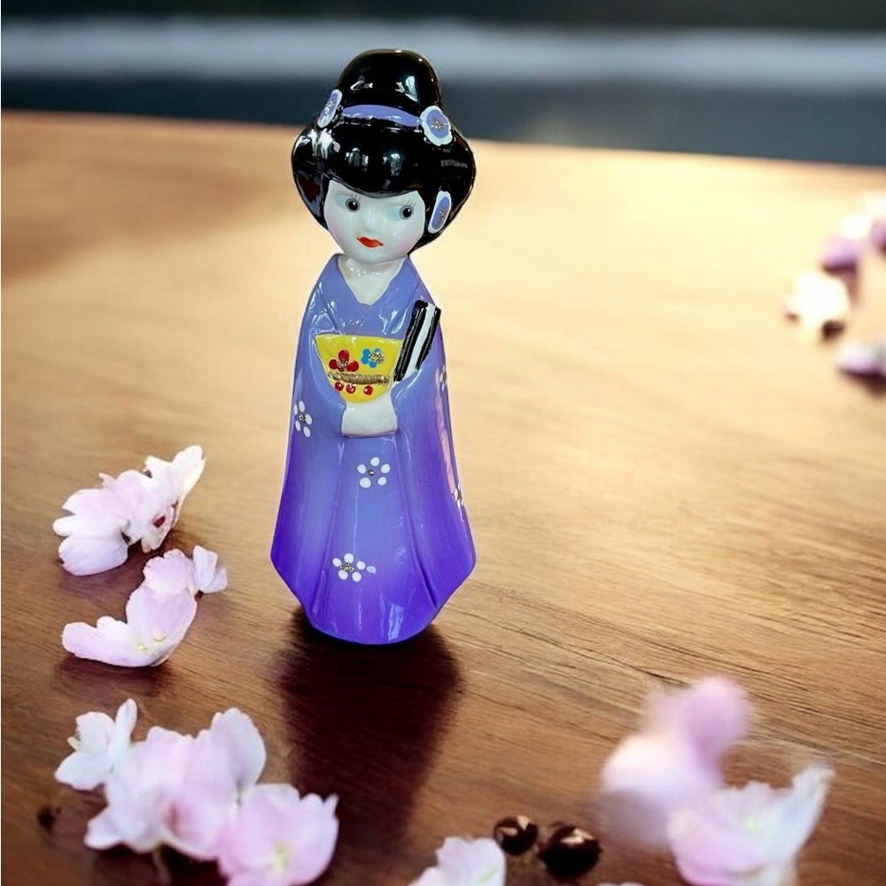 Vintage Japanese Geisha Girl Figurine in Purple Cherry Blossom Kimono, 5.75” H